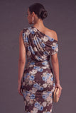 Black Red Floral Midi One Shoulder Wedding Guest Dress
