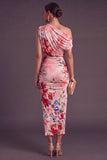 Black Red Floral Midi One Shoulder Wedding Guest Dress