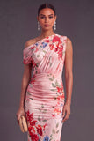Black Red Floral Midi One Shoulder Wedding Guest Dress