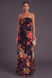 Black Strapless Ruched Floral Long Wedding Guest Dress