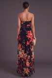 Black Strapless Ruched Floral Long Wedding Guest Dress