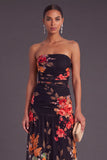 Black Strapless Ruched Floral Long Wedding Guest Dress