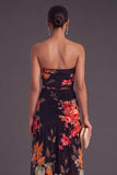 Black Strapless Ruched Floral Long Wedding Guest Dress