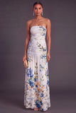 Black Strapless Ruched Floral Long Wedding Guest Dress