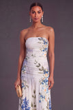 Black Strapless Ruched Floral Long Wedding Guest Dress