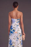 Black Strapless Ruched Floral Long Wedding Guest Dress