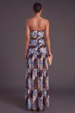 Black Strapless Ruched Floral Long Wedding Guest Dress