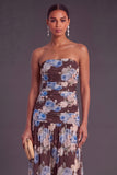 Black Strapless Ruched Floral Long Wedding Guest Dress