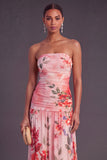 Black Strapless Ruched Floral Long Wedding Guest Dress