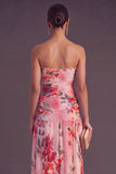 Black Strapless Ruched Floral Long Wedding Guest Dress