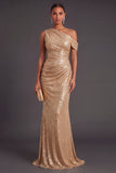 Sparkly Champagne One Shoulder Sequins Ruched Long Formal Dress