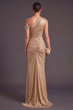 Sparkly Champagne One Shoulder Sequins Ruched Long Formal Dress