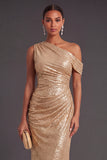 Sparkly Champagne One Shoulder Sequins Ruched Long Formal Dress