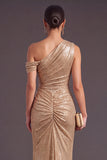 Sparkly Champagne One Shoulder Sequins Ruched Long Formal Dress