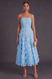 Blue Corset Strapless A-Line Midi Wedding Guest Dress with 3D Flower
