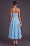 Blue Corset Strapless A-Line Midi Wedding Guest Dress with 3D Flower