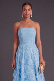 Blue Corset Strapless A-Line Midi Wedding Guest Dress with 3D Flower