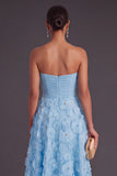 Blue Corset Strapless A-Line Midi Wedding Guest Dress with 3D Flower