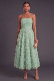 Blue Corset Strapless A-Line Midi Wedding Guest Dress with 3D Flower