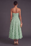 Blue Corset Strapless A-Line Midi Wedding Guest Dress with 3D Flower