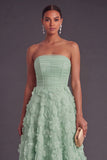 Blue Corset Strapless A-Line Midi Wedding Guest Dress with 3D Flower
