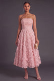 Blue Corset Strapless A-Line Midi Wedding Guest Dress with 3D Flower