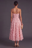Blue Corset Strapless A-Line Midi Wedding Guest Dress with 3D Flower