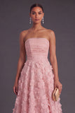Blue Corset Strapless A-Line Midi Wedding Guest Dress with 3D Flower