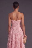 Blue Corset Strapless A-Line Midi Wedding Guest Dress with 3D Flower