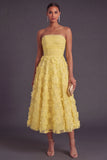 Blue Corset Strapless A-Line Midi Wedding Guest Dress with 3D Flower