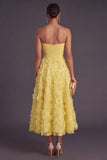 Blue Corset Strapless A-Line Midi Wedding Guest Dress with 3D Flower