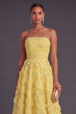 Blue Corset Strapless A-Line Midi Wedding Guest Dress with 3D Flower