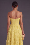 Blue Corset Strapless A-Line Midi Wedding Guest Dress with 3D Flower