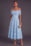 Blue A-Line Off the Shoulder Floral Midi Wedding Guest Dress with Pearls