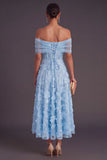 Blue A-Line Off the Shoulder Floral Midi Wedding Guest Dress with Pearls
