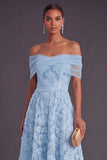 Blue A-Line Off the Shoulder Floral Midi Wedding Guest Dress with Pearls