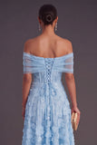 Blue A-Line Off the Shoulder Floral Midi Wedding Guest Dress with Pearls
