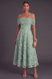 Blue A-Line Off the Shoulder Floral Midi Wedding Guest Dress with Pearls