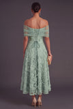 Blue A-Line Off the Shoulder Floral Midi Wedding Guest Dress with Pearls