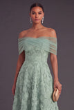 Blue A-Line Off the Shoulder Floral Midi Wedding Guest Dress with Pearls