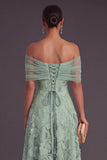 Blue A-Line Off the Shoulder Floral Midi Wedding Guest Dress with Pearls