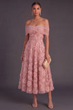 Blue A-Line Off the Shoulder Floral Midi Wedding Guest Dress with Pearls