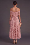 Blue A-Line Off the Shoulder Floral Midi Wedding Guest Dress with Pearls