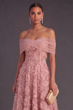 Blue A-Line Off the Shoulder Floral Midi Wedding Guest Dress with Pearls