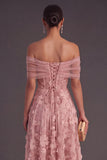 Blue A-Line Off the Shoulder Floral Midi Wedding Guest Dress with Pearls