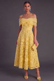 Blue A-Line Off the Shoulder Floral Midi Wedding Guest Dress with Pearls