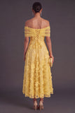 Blue A-Line Off the Shoulder Floral Midi Wedding Guest Dress with Pearls