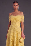 Blue A-Line Off the Shoulder Floral Midi Wedding Guest Dress with Pearls