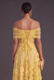 Blue A-Line Off the Shoulder Floral Midi Wedding Guest Dress with Pearls