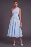 Blue One Shoulder Floral Midi Wedding Guest Dress with Pearls